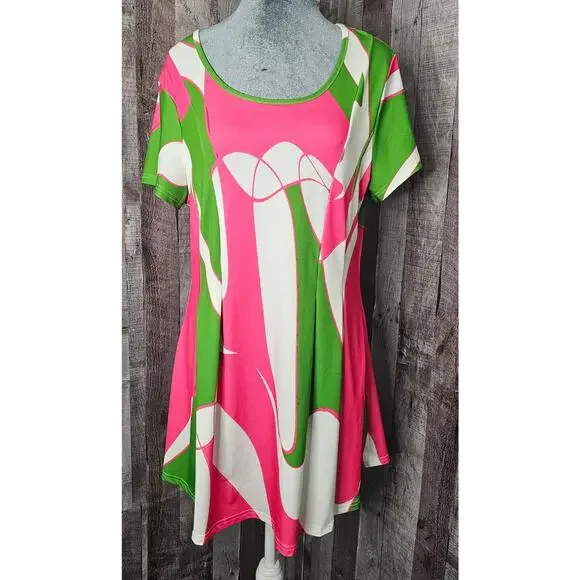 LILY by FIRMIANA Short Sleeve DRESS Geometric Green Pink Women's size Large - Picture 1 of 5